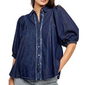 Free People Suhrie Puff Sleeve Button Up Top in Dark Denim